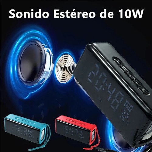 Portátil Bluetooth Parlante Radio Fm Reloj Digital Color Rojo - Imagen 3