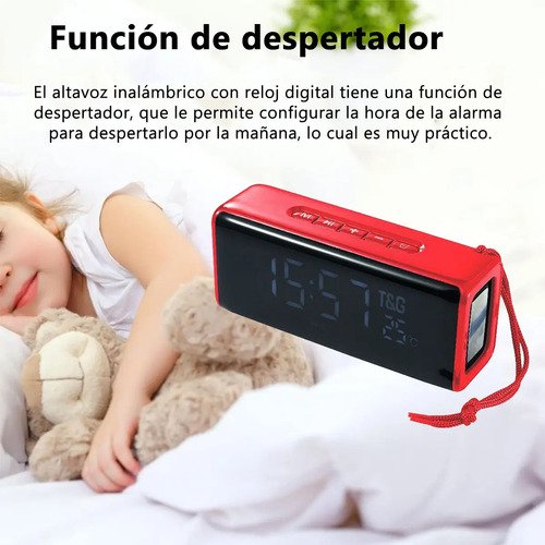 Portátil Bluetooth Parlante Radio Fm Reloj Digital Color Rojo - Imagen 6