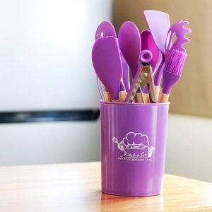 Set 12 Utensilios Cocina Silicona Mango Madera Antiadherente