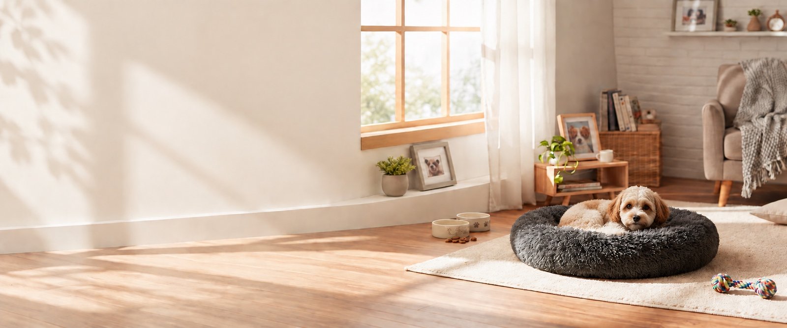 Cama puff azul oscuro tipo donut para mascotas, con un perro pequeño descansando